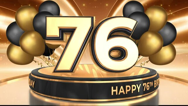 76 years, 76th birthday loop, looped video background, backdrop in 3D Gold with balloons
