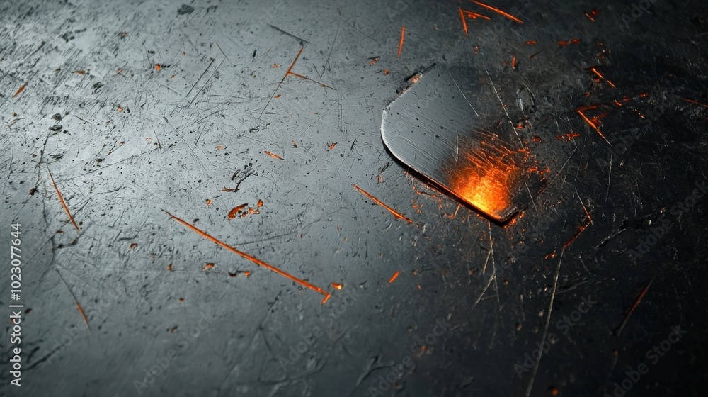 Poster rough metal surface with visible scratches and texture, showcasing glowing element that adds dramati