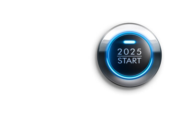 Blue illuminated start button year 2025 with white background with copy space - 3D illustration