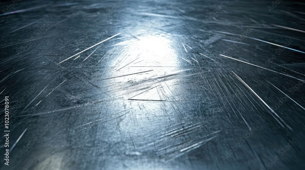 Poster close up view of textured industrial steel surface, showcasing scratches and reflections that create dynamic visual effect. metallic sheen adds depth and interest to composition