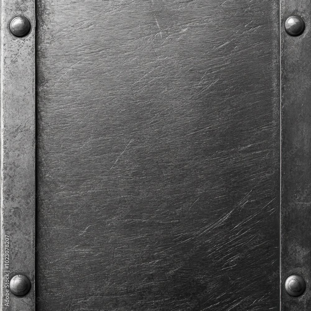 Poster textured metal surface with scratches and rivets, showcasing industrial aesthetic. surface reflects 