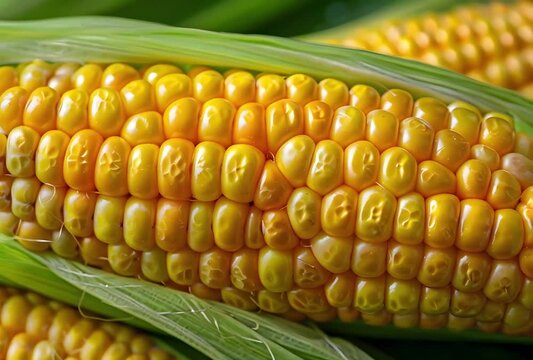 Detailed view of single corn on the cob showcasing kernels and husk.