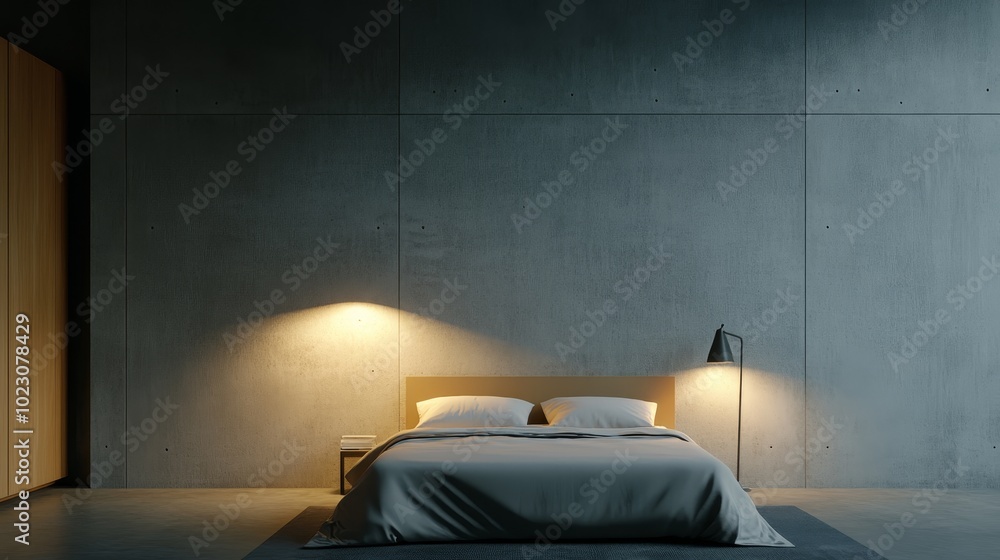 Wall mural Modern Minimalist Bedroom with Concrete Wall and Warm Lighting. Features a comfortable bed, a minimalist nightstand, and a warm lighting scheme that creates a cozy and inviting atmosphere.