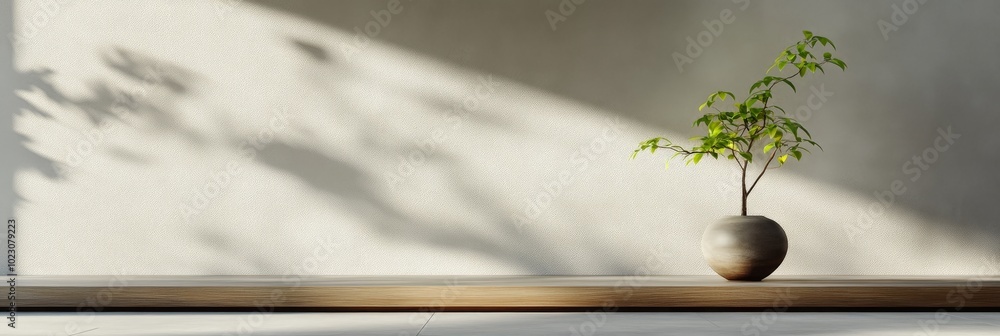 Poster Tranquil Zen-Inspired Living Room Design with Minimalist Decor featuring a potted plant, natural light, and a wooden platform for a serene atmosphere.