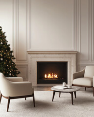Cozy living room with fireplace, elegant chairs, and Christmas tree in minimalistic design.
