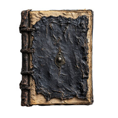 An aged witch's dark spell book with runes on an isolated background front view