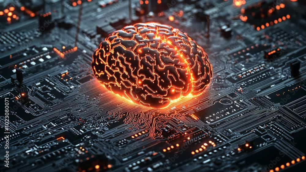 Poster a glowing brain sits atop a circuit board, representing the intersection of technology and human int