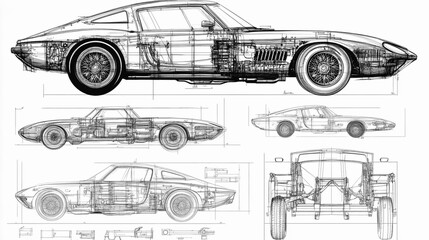 Auto blueprint in a technical drawing style, showcasing detailed schematics of a car.