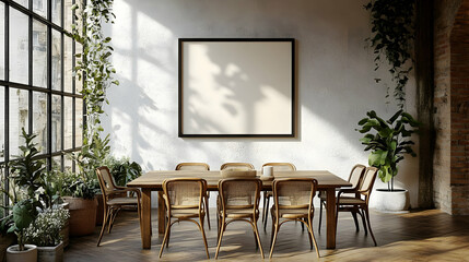 A spacious dining area with a large table and plants.