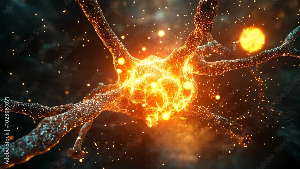 Poster a glowing neuron fires, sending a signal across its intricate network of branches