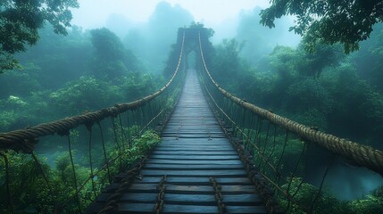 Obraz premium A misty suspension bridge surrounded by lush greenery, inviting exploration and adventure.