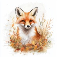 Fototapeta premium A vibrant illustration of a fox surrounded by autumn foliage, showcasing its striking orange fur and attentive expression amidst colorful leaves.
