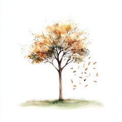 Fototapeta premium A serene watercolor illustration of a tree with autumn leaves, emphasizing nature's beauty and seasonal change.