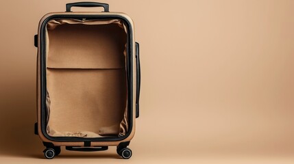 Open empty suitcase with a minimalist design on a neutral beige background
