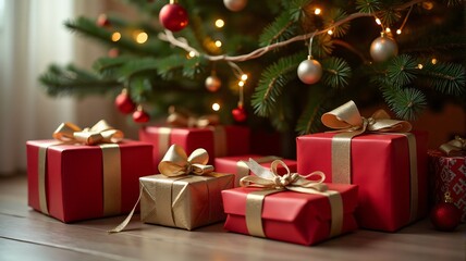 Christmas presents under a beautifully decorated tree with festive wrapping paper and ribbons.