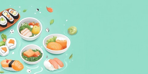 A colorful arrangement of sushi and sashimi dishes including fresh ingredients and traditional flavors. Perfect for food lovers.