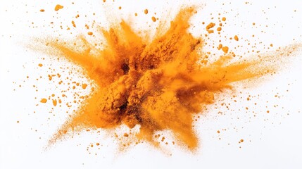 Explosion of vibrant orange powder on a white background creating a dynamic cloud of particles and dust