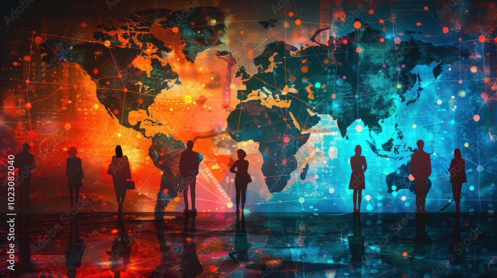 Poster silhouettes of people standing in front of a world map with glowing lines and dots, reflecting on th