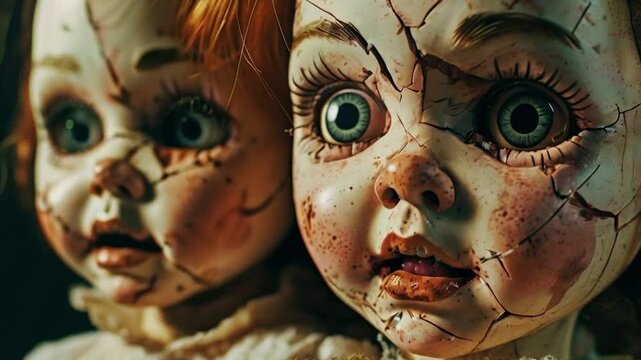 Creepy Cracked Dolls Uneven Features and Disturbing Details &ndash; 4K.