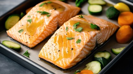 Two raw salmon fillets with glaze in a baking pan, surrounded by sliced zucchini and colorful bell peppers.