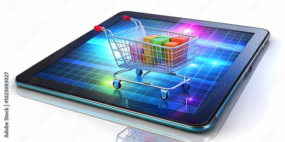 Poster 3d glossy tablet with holographic bar charts and dollar signs on white background for financial repo