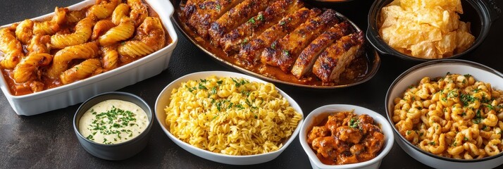 Obraz premium A delicious spread of various dishes including barbecue, rice, and savory sides perfect for a feast or family gathering.