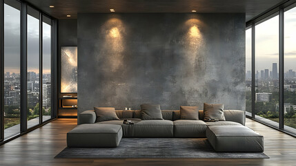 Modern living room with large windows and city view.