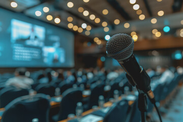 Hand-holding a microphone during a marketing presentation Provides powerful insights and messages.
