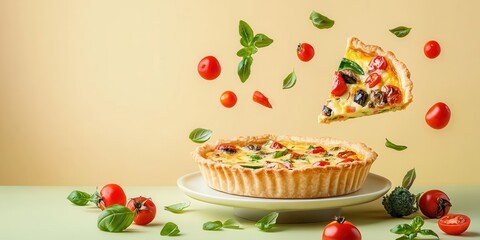 A delicious vegetable pie with fresh tomatoes and herbs, beautifully arranged on a pastel surface, ideal for culinary projects.