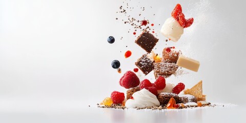 A dynamic arrangement of desserts showcases vibrant colors and textures, highlighting chocolate, fruit, and creamy elements.