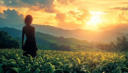 A silhouette of a person in a tea field at sunset, surrounded by lush hills and clouds.
