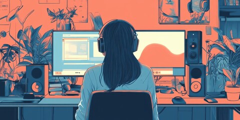 A focused individual wearing headphones, immersed in a digital workspace filled with vibrant plants and technology.