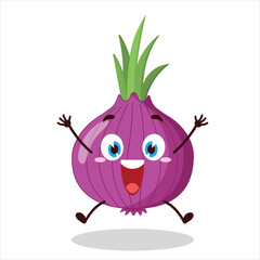 cute celebration jump expression of red onion cartoon character