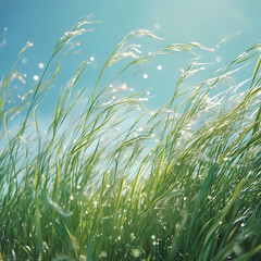 Obraz premium Close-up green grass lawn with clouds on blue sky