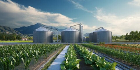 A scenic view of agricultural silos surrounded by lush crops and mountains under a clear sky, showcasing modern farming.