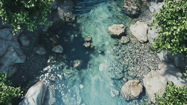 Aerial view of meander river fload with rocks