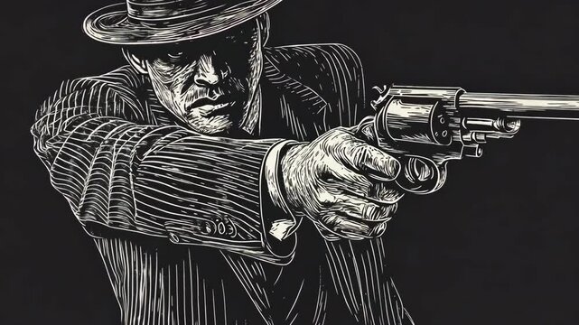 A man in a pinstripe suit and fedora holds a revolver, aiming it at the viewer