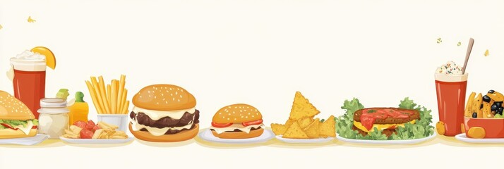 A vibrant assortment of delicious fast food items including burgers, fries, salads, and refreshing drinks, perfect for food lovers.