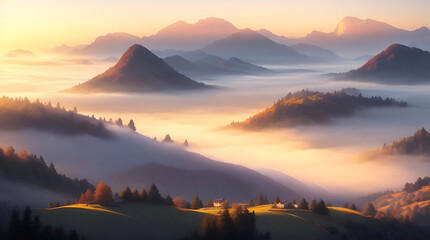 Fototapeta premium Illustration beautiful scenic view of mountains covered with fog during light sunrise high quality background design.