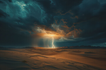 Thunderstorms raged across the vast desert. Lightning struck in a terrifying storm.