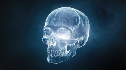 A glowing skull on a dark background, illustrating themes of mortality, science, and the mysteries of life and death.