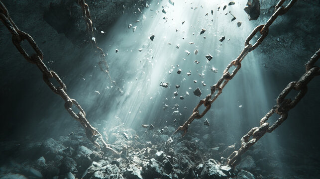 powerful image of shattered chains and walls symbolizing freedom, hope, and breaking free from constraints.
