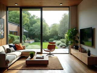 Fototapeta premium A contemporary living room featuring expansive windows and elegant wood paneling, creating a warm and inviting atmosphere.