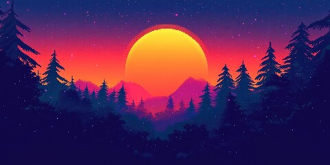 Naklejka premium A vibrant sunset over a serene forest landscape, with silhouetted trees and mountains outlined against a colorful sky.