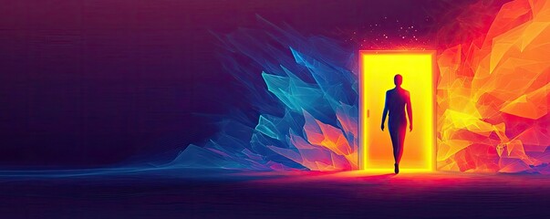 A silhouette stepping through a colorful doorway, symbolizing transformation and new beginnings in a vibrant digital landscape.