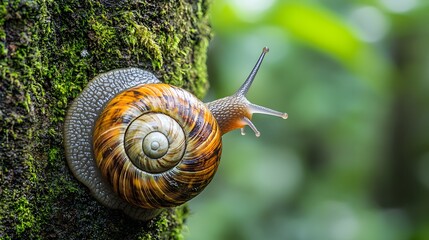 A close-up of a snail with a spiral shell climbing a mossy tree trunk in a lush green forest.