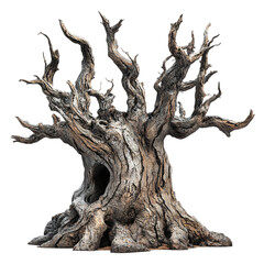 A scary dead tree with branches and a hollow trunk den on an isolated background
