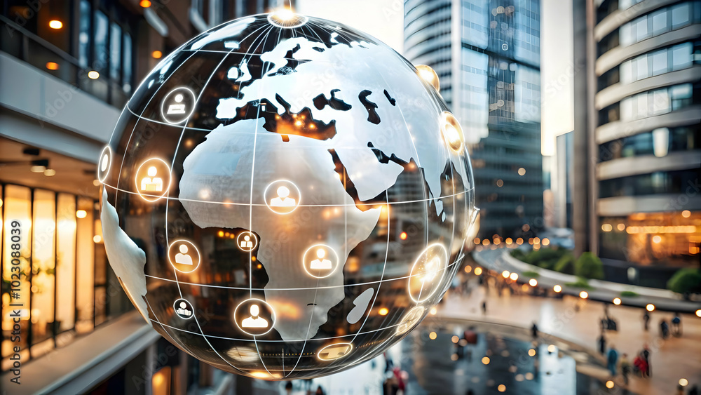 Poster glowing abstract globe with orbiting marketing icons - a visually captivating photo stock concept em