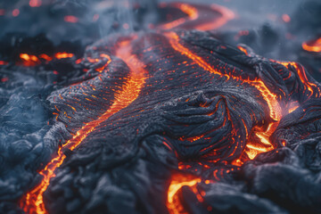 Photo of a volcano with the surface of lava flowing in the background. During the volcanic eruption.