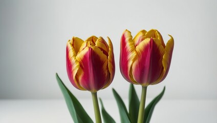 Vibrant striped tulip pair against neutral background